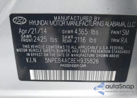 2014 Hyundai Sonata Gls z USA, uszkodzony, nr VIN 5NPEB4AC8EH935826